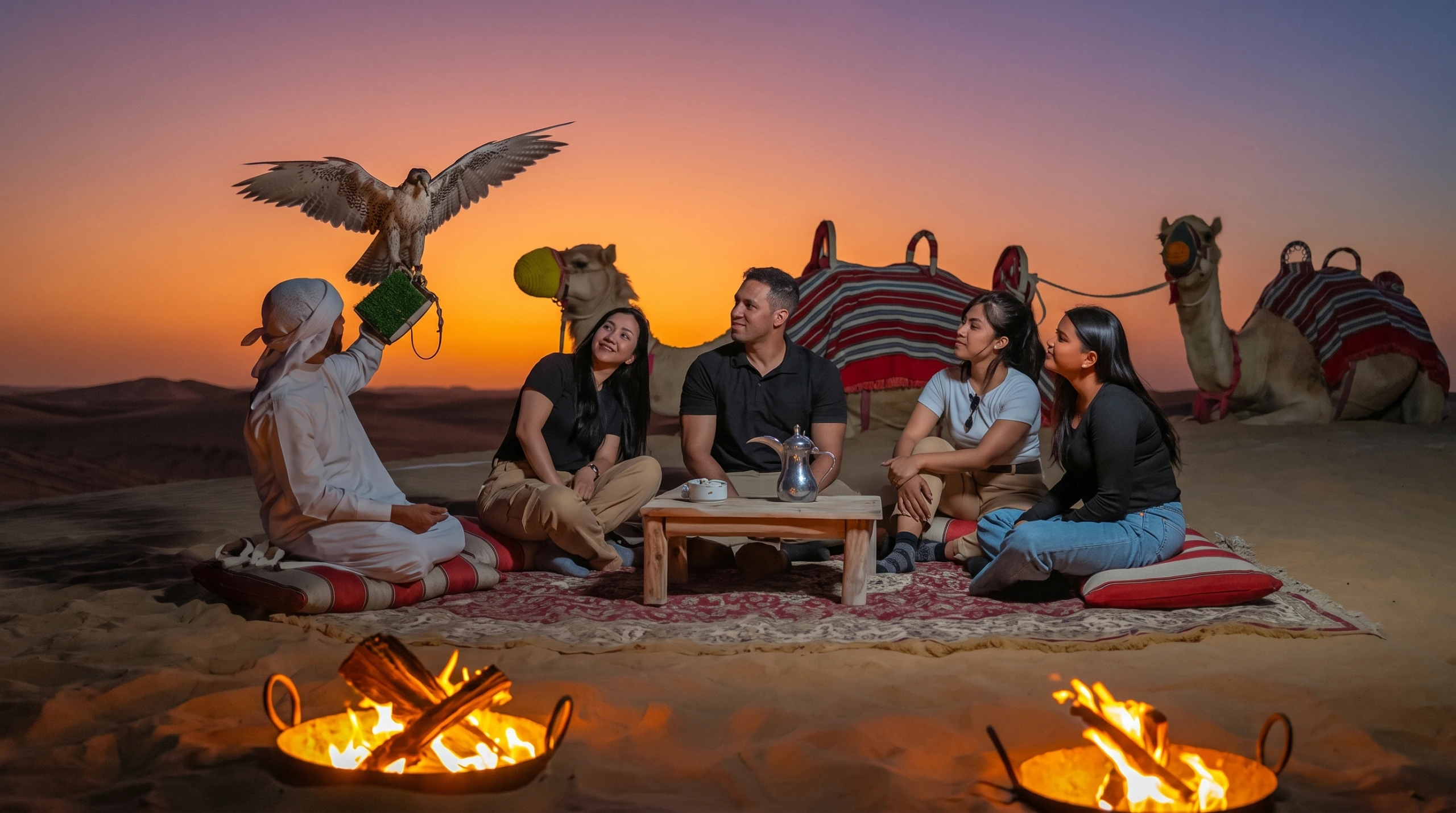 People enjoying desert falconry and a bonfire at sunset with camels nearby