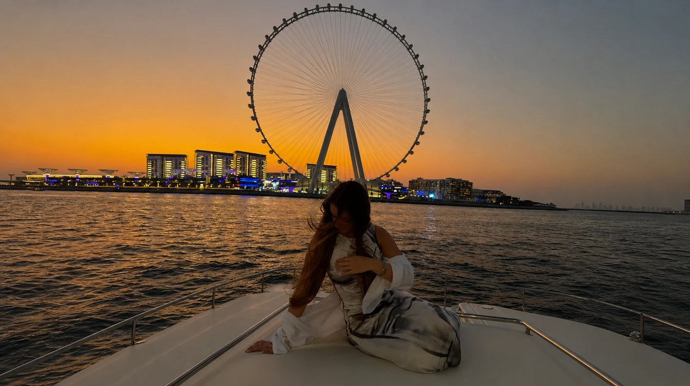 Woman on yacht deck with Ain Dubai and city skyline at sunset
