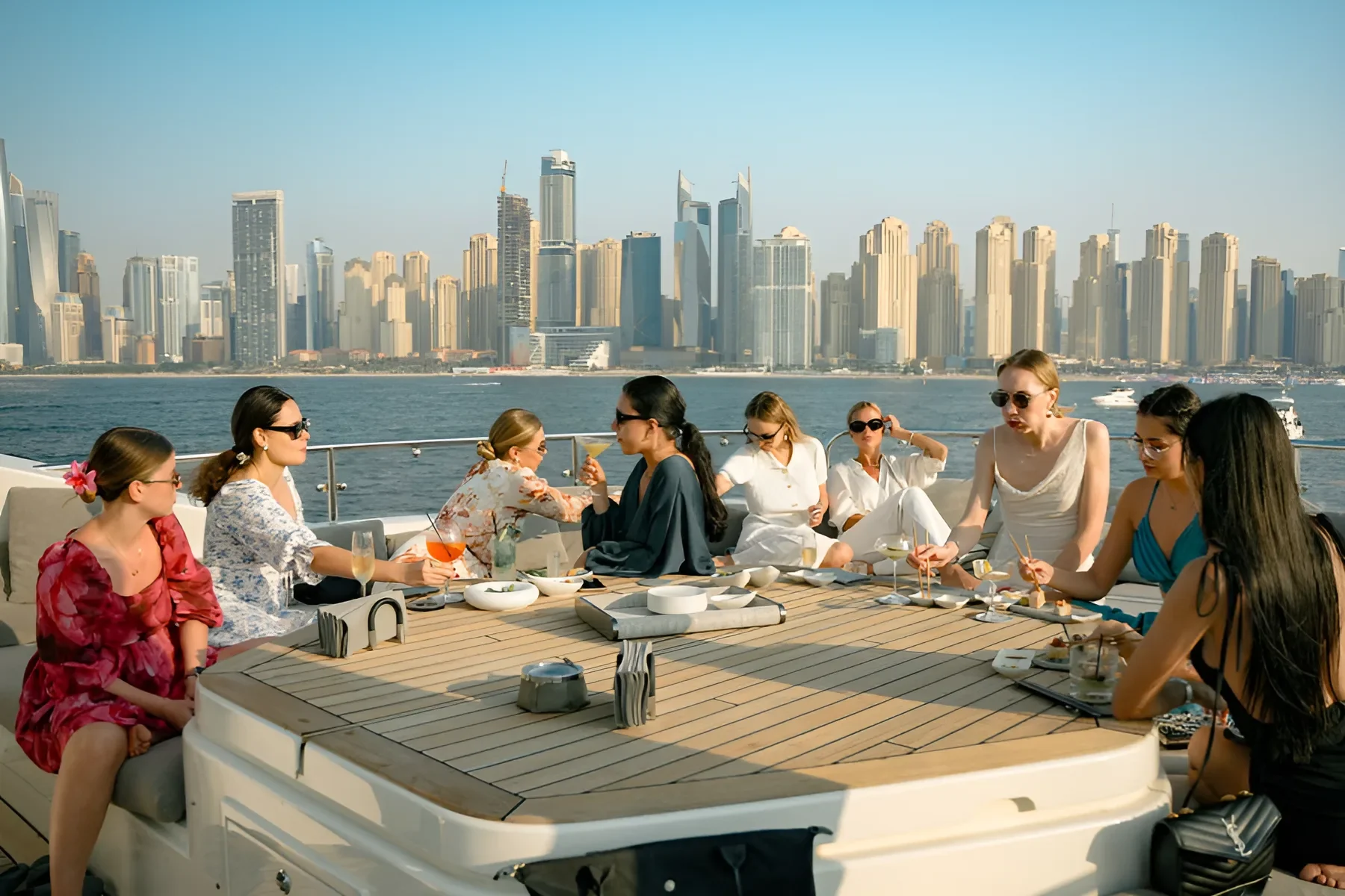 Women enjoying drinks and snacks on a yacht deck with Dubai skyline background