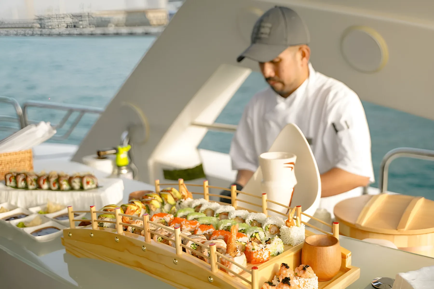 Chef preparing fresh sushi rolls on a luxurious yacht deck in Dubai Marina