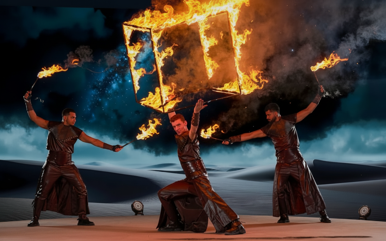 Three fire performers manipulate flames, one holding a burning cube in a desert setting
