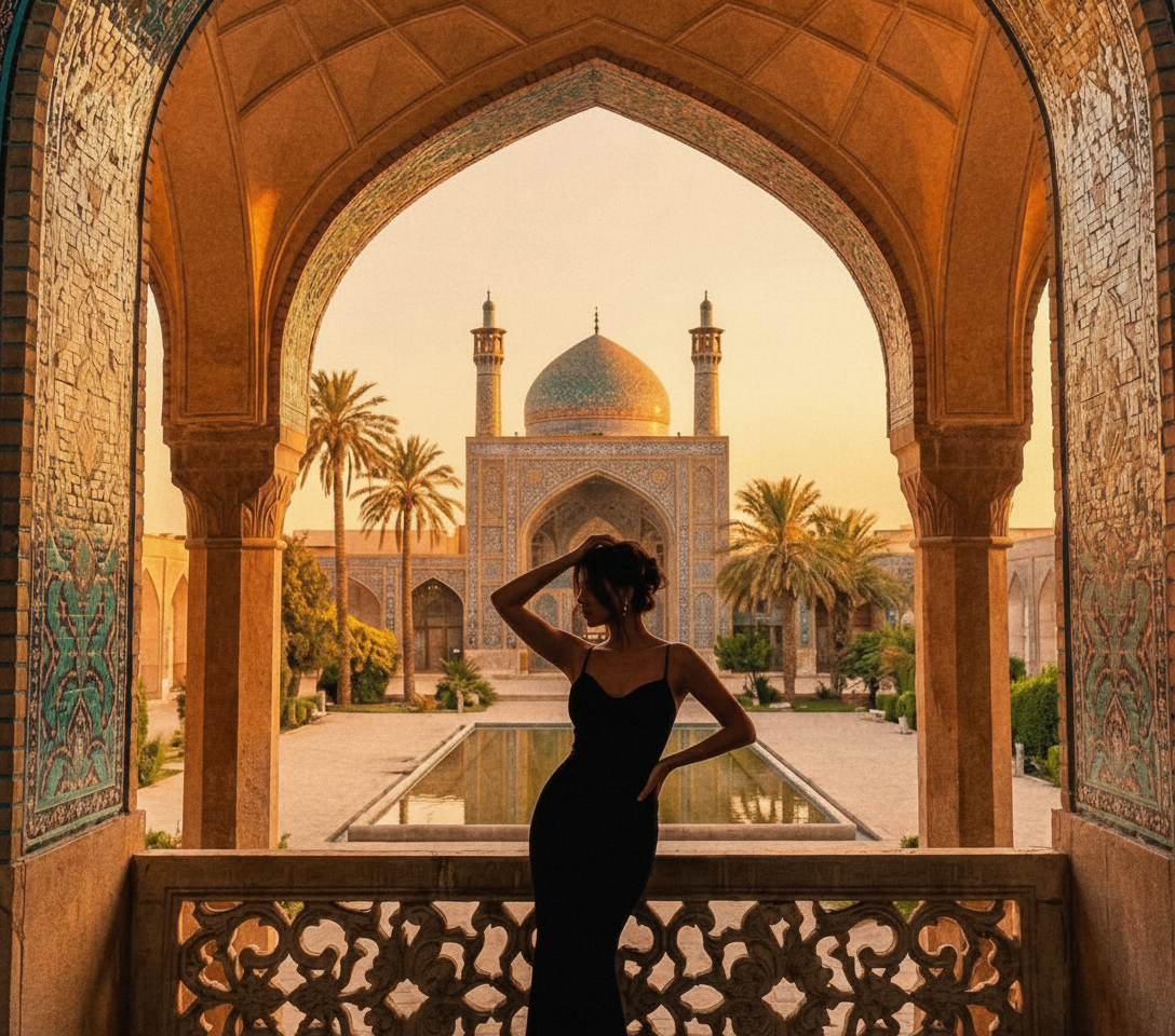 Woman in black dress posing on balcony overlooking mosque and palms at sunset