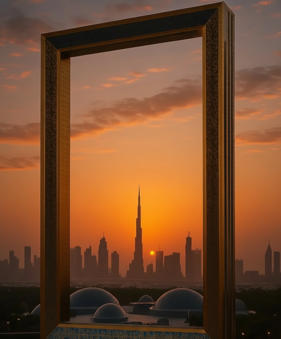 Dubai Frame framing city skyline and Burj Khalifa at orange sunset