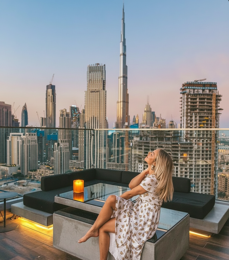Woman relaxing on a rooftop terrace overlooking Dubai skyline with Burj Khalifa