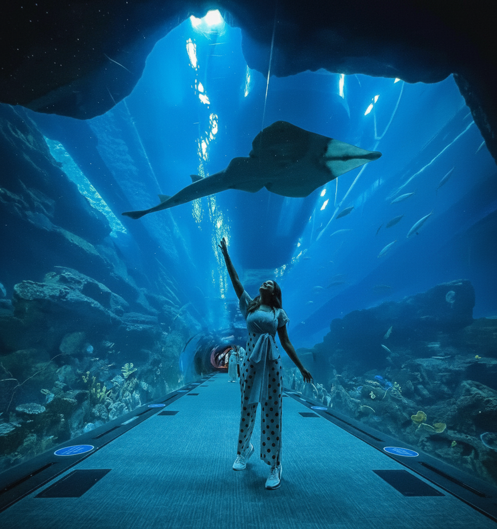 Woman reaches for swimming manta ray in an underwater tunnel aquarium