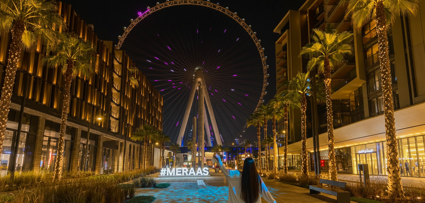 Woman poses on illuminated street with palm trees, large purple Ferris wheel at night