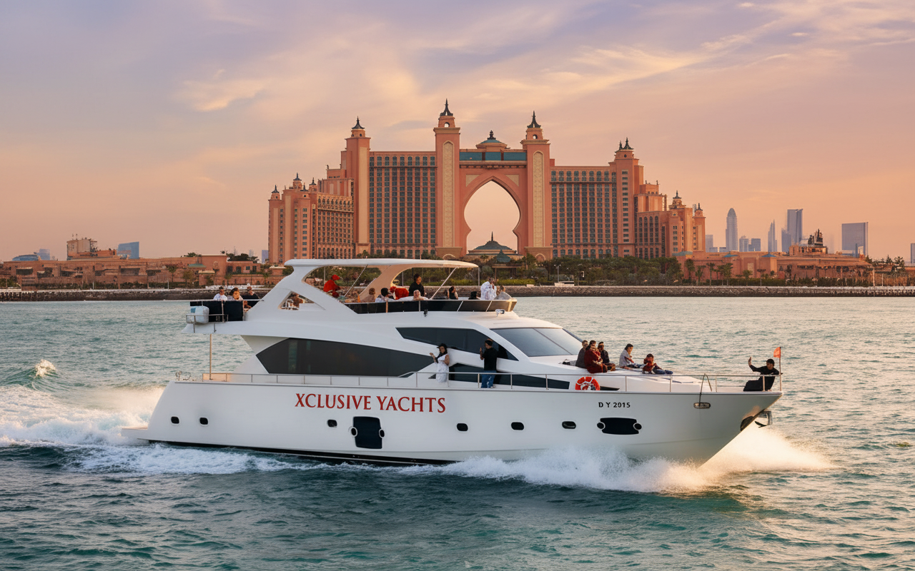 White yacht with people cruising past a large hotel in Dubai